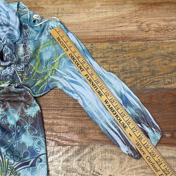 Women's One World Large Boho 3/4 bubble sleeve blouse blue green art to wear - Picture 11 of 12